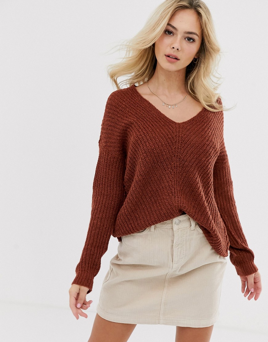 JDY v-neck rib knitted jumper-Brown