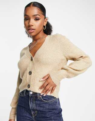 JDY v neck ribbed cardigan in beige-Neutral