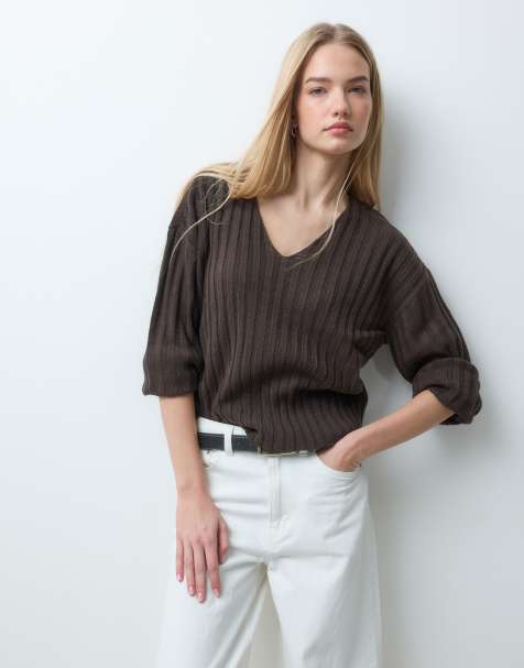 JDY v-neck ribbed jumper in brown - view 1