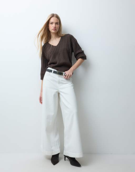 JDY v-neck ribbed jumper in brown, 3 of 5