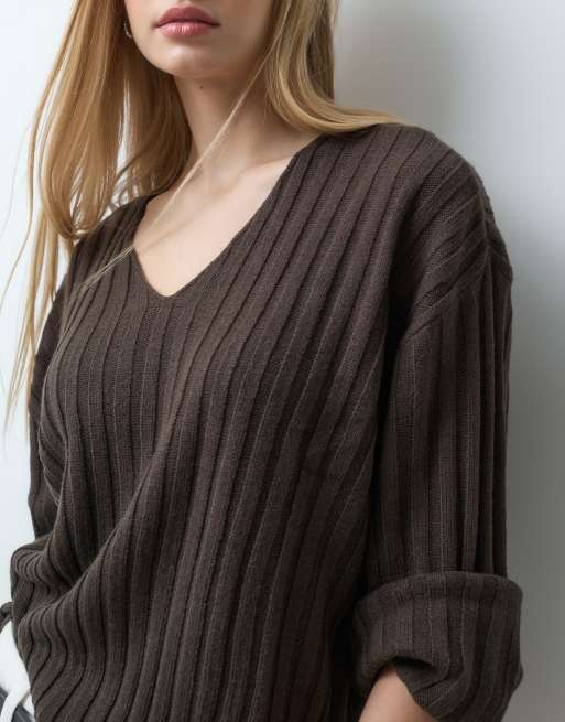 JDY v-neck ribbed jumper in brown, 4 of 5