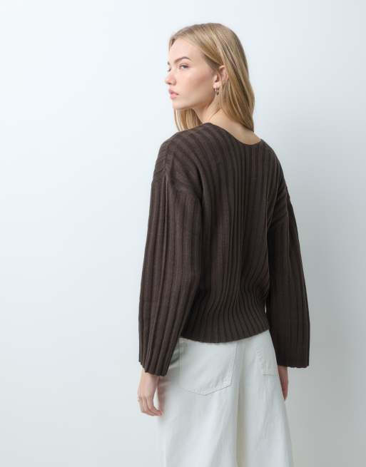 JDY v-neck ribbed jumper in brown, 5 of 5