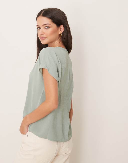 JDY v neck short sleeve blouse in sage green, 3 of 4
