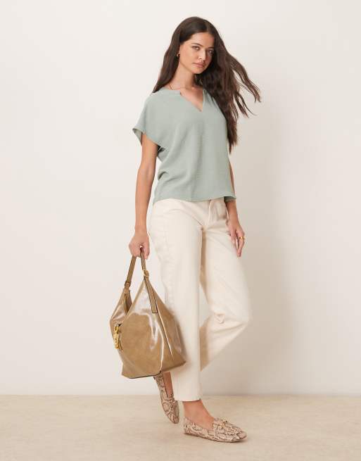 JDY v neck short sleeve blouse in sage green, 4 of 4