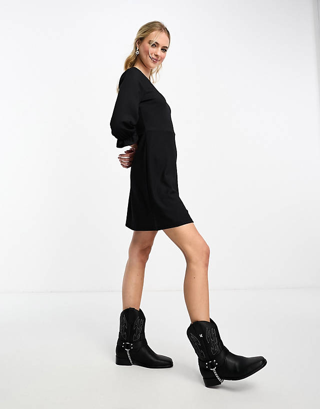 JDY - v neck skater mini dress with cuffed sleeve detail in black