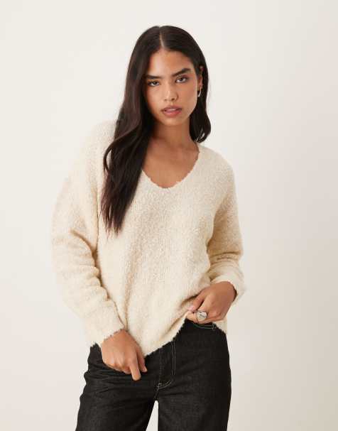 JDY v-neck slouchy sweater in cream - view 1