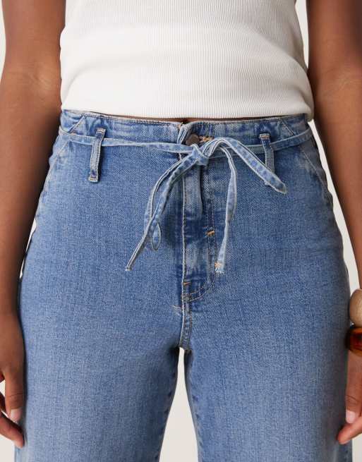 JDY Vanessa cropped wide leg tie waist jeans in mid blue, 4 of 5