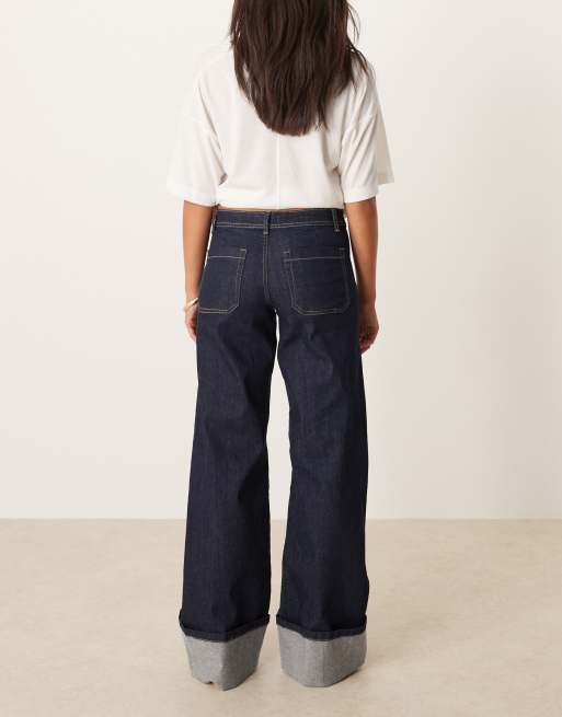 JDY - Vanessa - Mørkeblå jeans med mellemhøj talje og vide ben samt opsmøget sømkant, 3 af 5