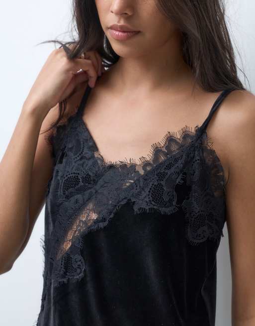JDY velvet dress with lace hem in black, 2 of 4