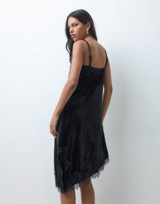 JDY velvet dress with lace hem in black, 4 of 4