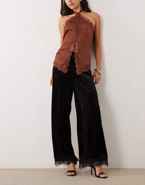 JDY velvet trousers with lace hem in black - view 1