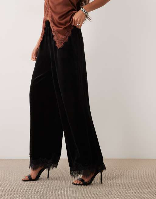 JDY velvet trousers with lace hem in black, 2 of 5