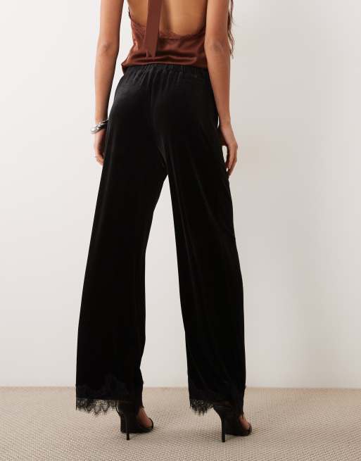 JDY velvet trousers with lace hem in black, 4 of 5