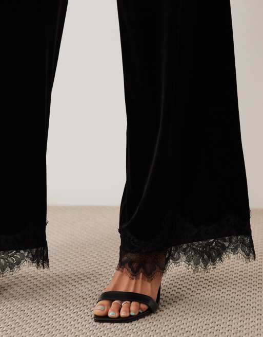 JDY velvet trousers with lace hem in black, 5 of 5