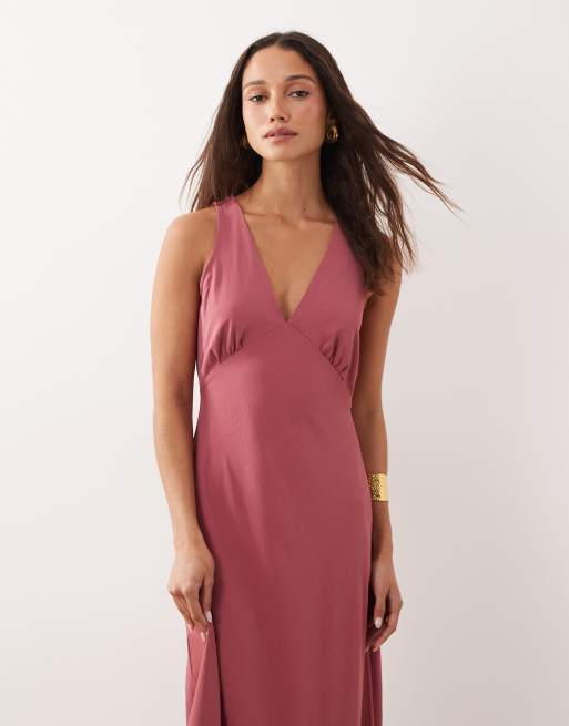 JDY - Vestido largo rosa polvoriento con cuello de pico, 2 de 4