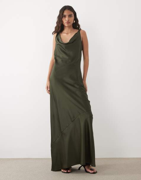 JDY - vestido largo satinado con cuello desbocado en verde oscuro - view 1