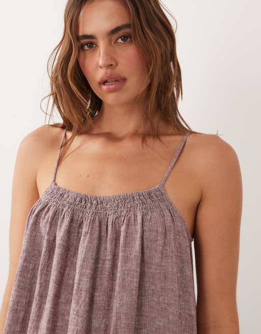 JDY - Vestido semilargo rojo oscuro de tirantes de mezcla de lino, 3 de 4
