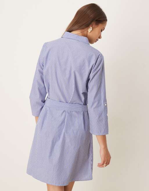 JDY - Vestito camicia allacciato in vita con motivo gessato color bianco e blu, 3 di 4