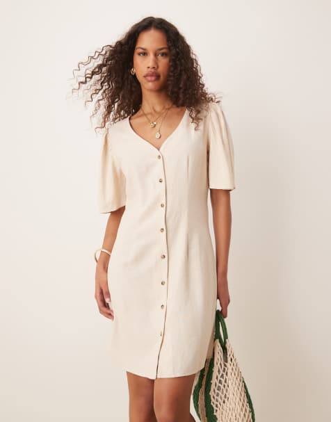 JDY - Vestito camicia corto in misto lino beige - view 1
