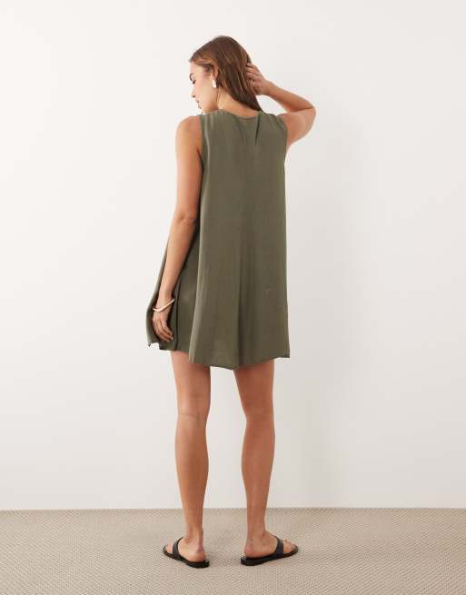 JDY - Vestito corto a pieghe in misto lino kaki, 4 di 4