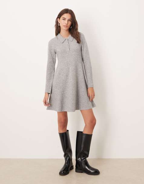 JDY - Vestito corto grigio in maglia con colletto stile polo - view 1