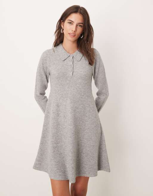 JDY - Vestito corto grigio in maglia con colletto stile polo, 4 di 4
