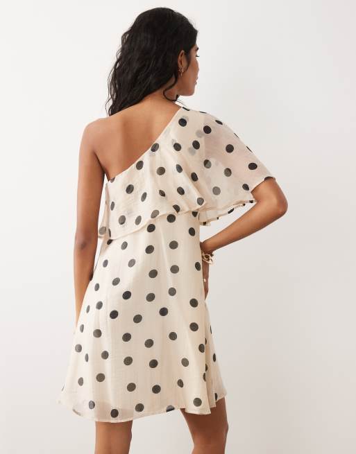 JDY - Vestito corto monospalla bianco a pois con volant, 3 di 4