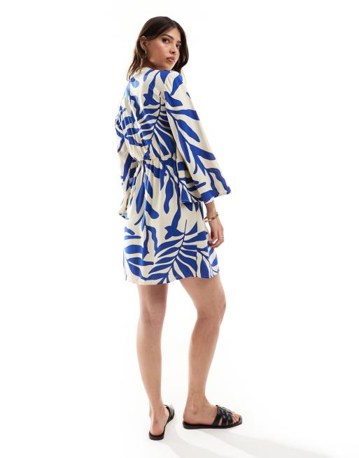 JDY - Vestito kimono avvolgente beige con stampa di palme blu, 4 di 4