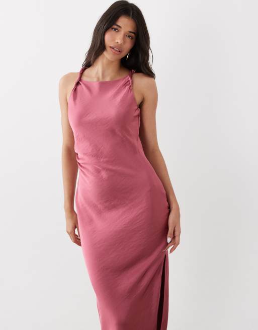 JDY - Vestito lungo accollato in raso rosa polvere, 4 di 4