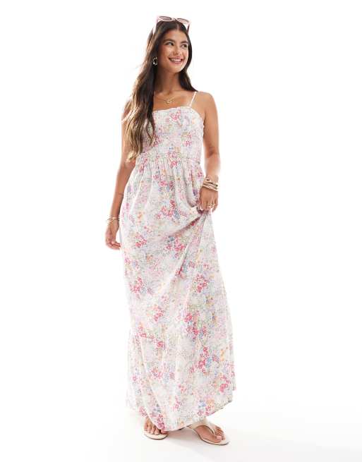 JDY - Vestito lungo con parte superiore arricciata e stampa a fiorellini rosa