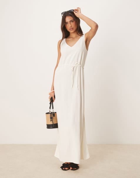 JDY - Vestito lungo in misto lino bianco con allacciatura - view 1