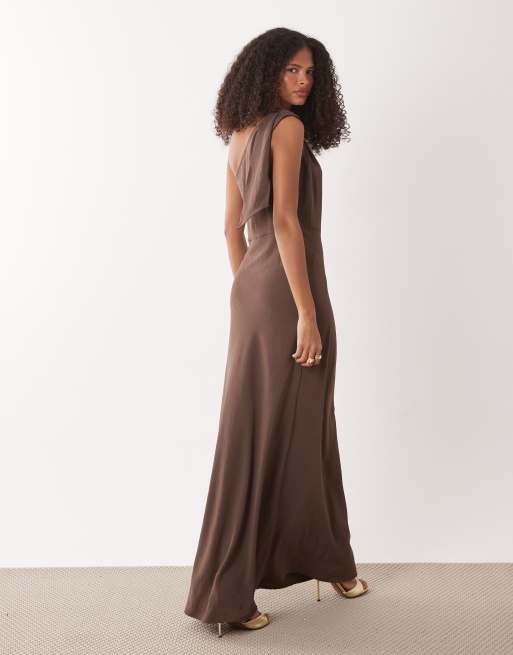 JDY - Vestito lungo monospalla marrone con finiture oro, 4 di 4