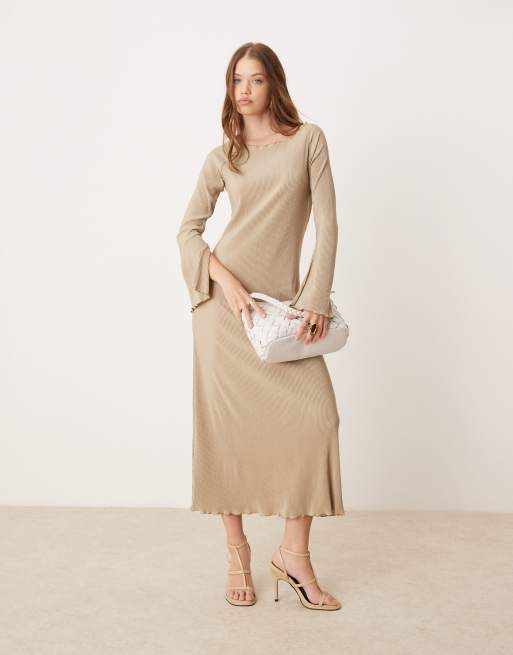 JDY - Vestito lungo plissé color pietra con maniche a campana