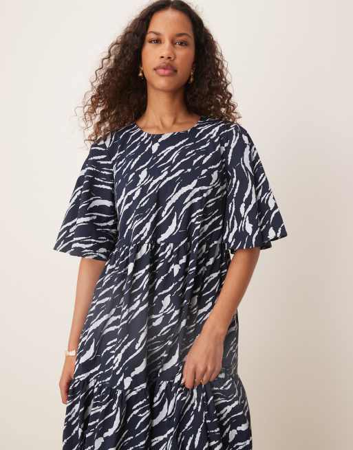 JDY - Vestito midi a balze a maniche corte blu navy con stampa zebrata, 2 di 4