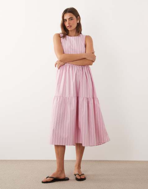 JDY - Vestito midi a balze rosa a righe - view 1