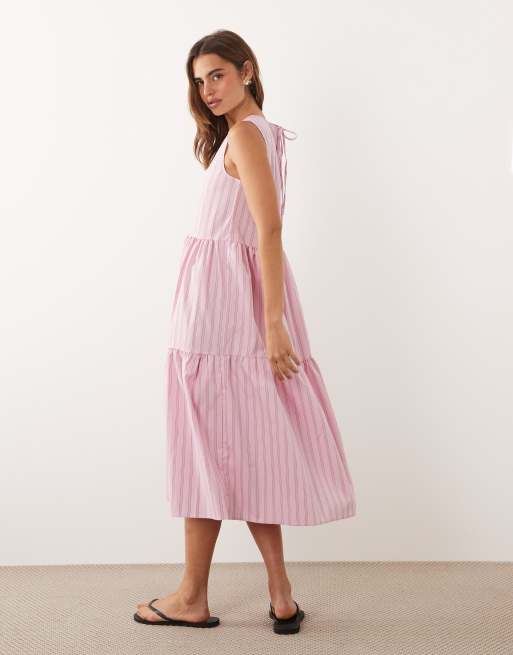 JDY - Vestito midi a balze rosa a righe, 4 di 4