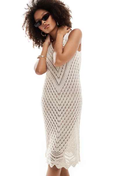 JDY - Vestito midi all'uncinetto color crema con scollo a V - view 1