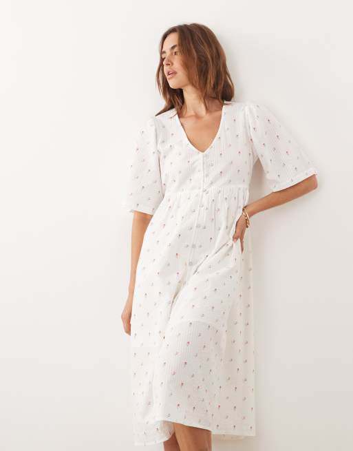 JDY - Vestito midi con scollo a V e bottoni color panna con stampa a fiorellini rossi, 1 di 4