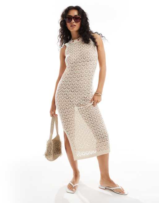 JDY - Vestito stile canotta midi traforato all'uncinetto color pietra
