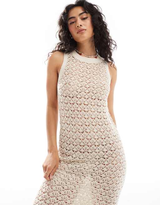 JDY - Vestito stile canotta midi traforato all'uncinetto color pietra, 3 di 4