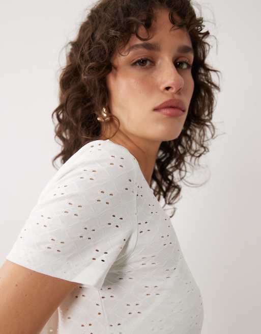 JDY – Vit t-shirt i jersey med broderie anglaise, 4 av 4