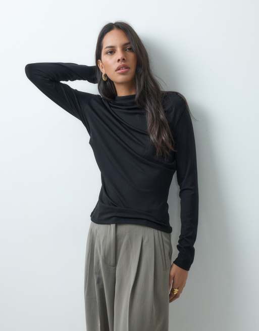 JDY waterfall neck long sleeve top in black, 2 of 4