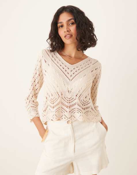 JDY – Weitmaschiges Strickoberteil in Beige mit Muschelsaum - view 1
