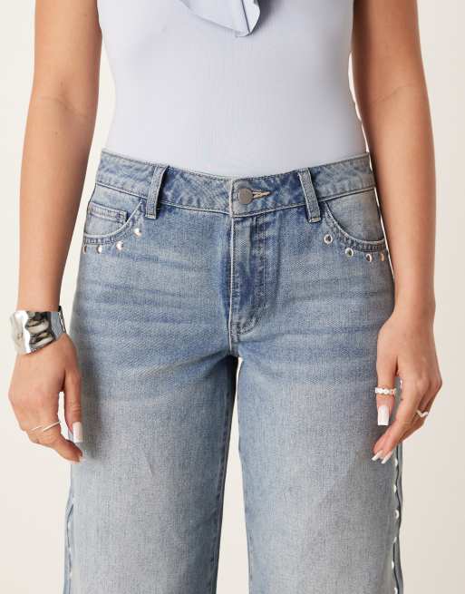 JDY western wide leg jeans with studs detail in light blue wash, 5 of 5