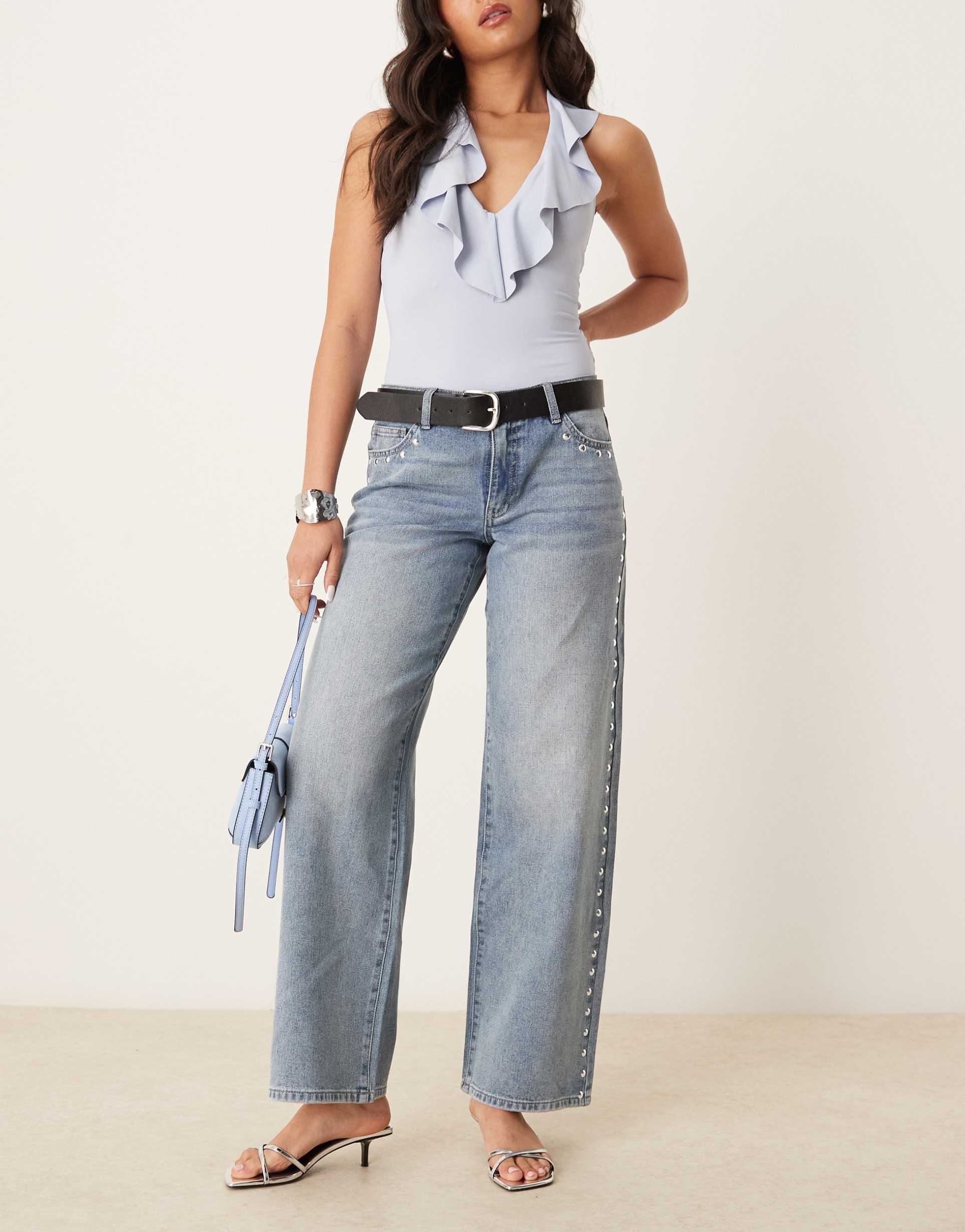 jdy western wide leg jeans with studs detailing in light blue wash