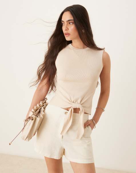 JDY front tie high neck knitted tank top in beige  