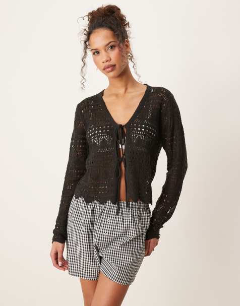 JDY tie front crochet cardigan in black