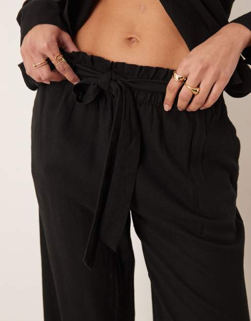 JDY wide leg belted linen mix pants in black - part of a set