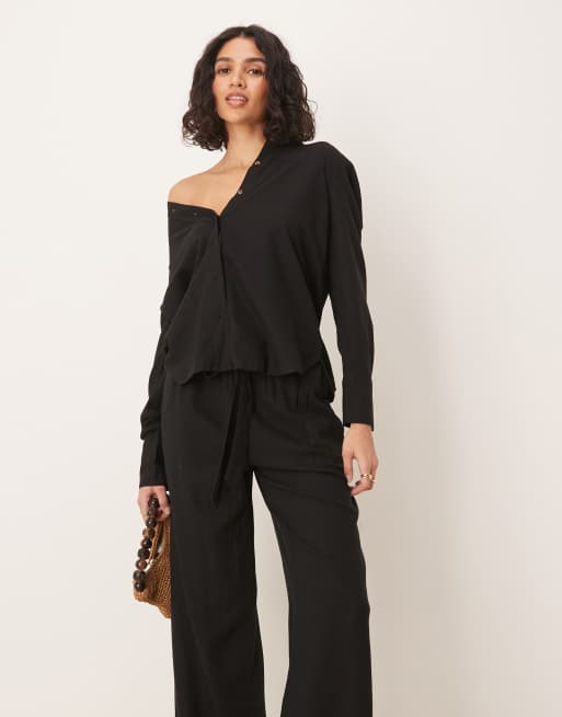 JDY wide leg belted linen mix pants in black (part of a set), 4 of 5