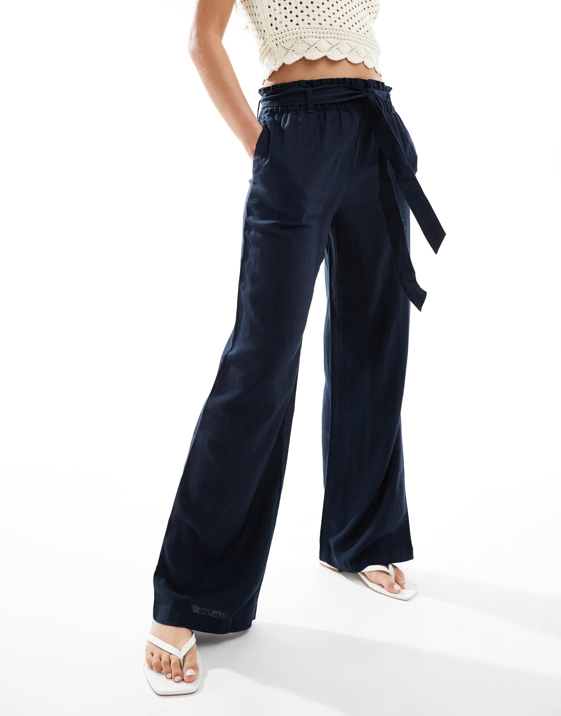 jdy wide leg belted linen mix pants in navy
